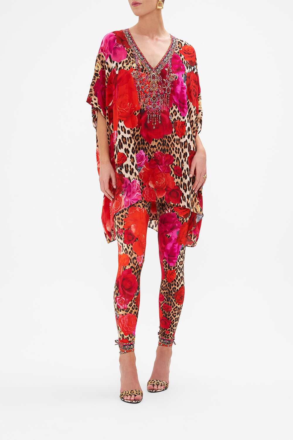 Front view of model wearing CAMILLA designer leggings in Heart Like A Wildflower print