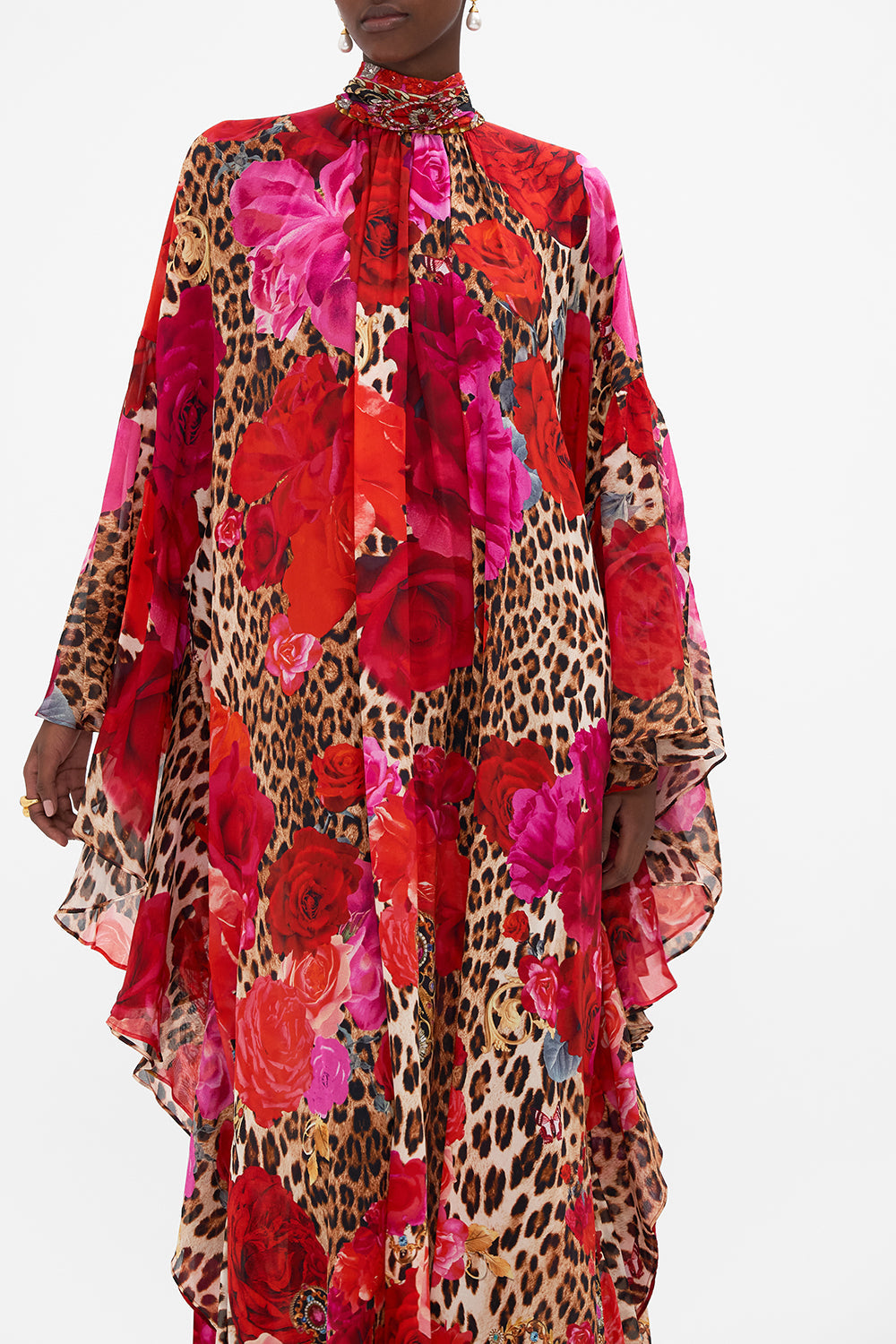 Detail view of model wearing CAMILLA ruffle silk kaftan in Heart Like A Wildflower print