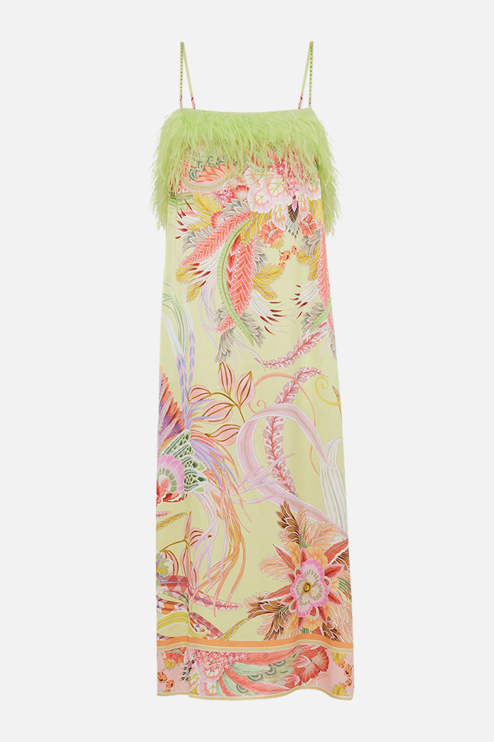 CAMILLA square neck midi dress with green feathers in Cosmic Tuscan print