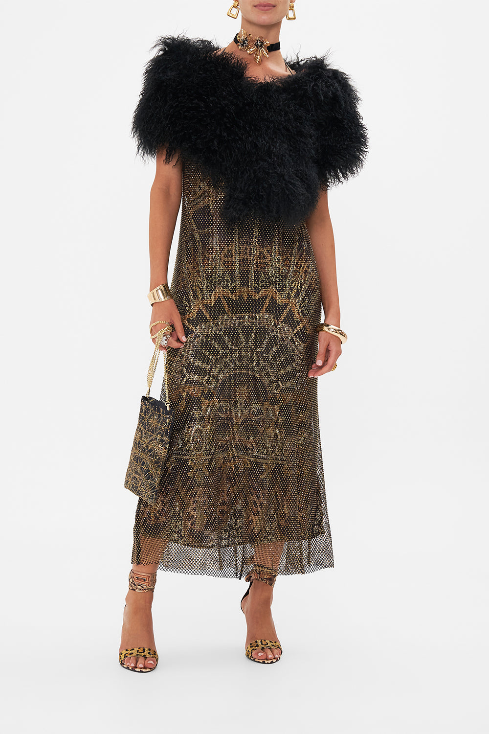 Detail view of model wearing CAMILLA crystal mesh dress in Masked At Moonlight print