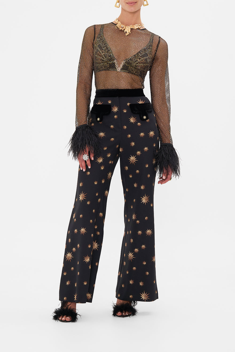 Front view of model wearing CAMILLAdesigner mesh top in Soul Of A Star Gazer print