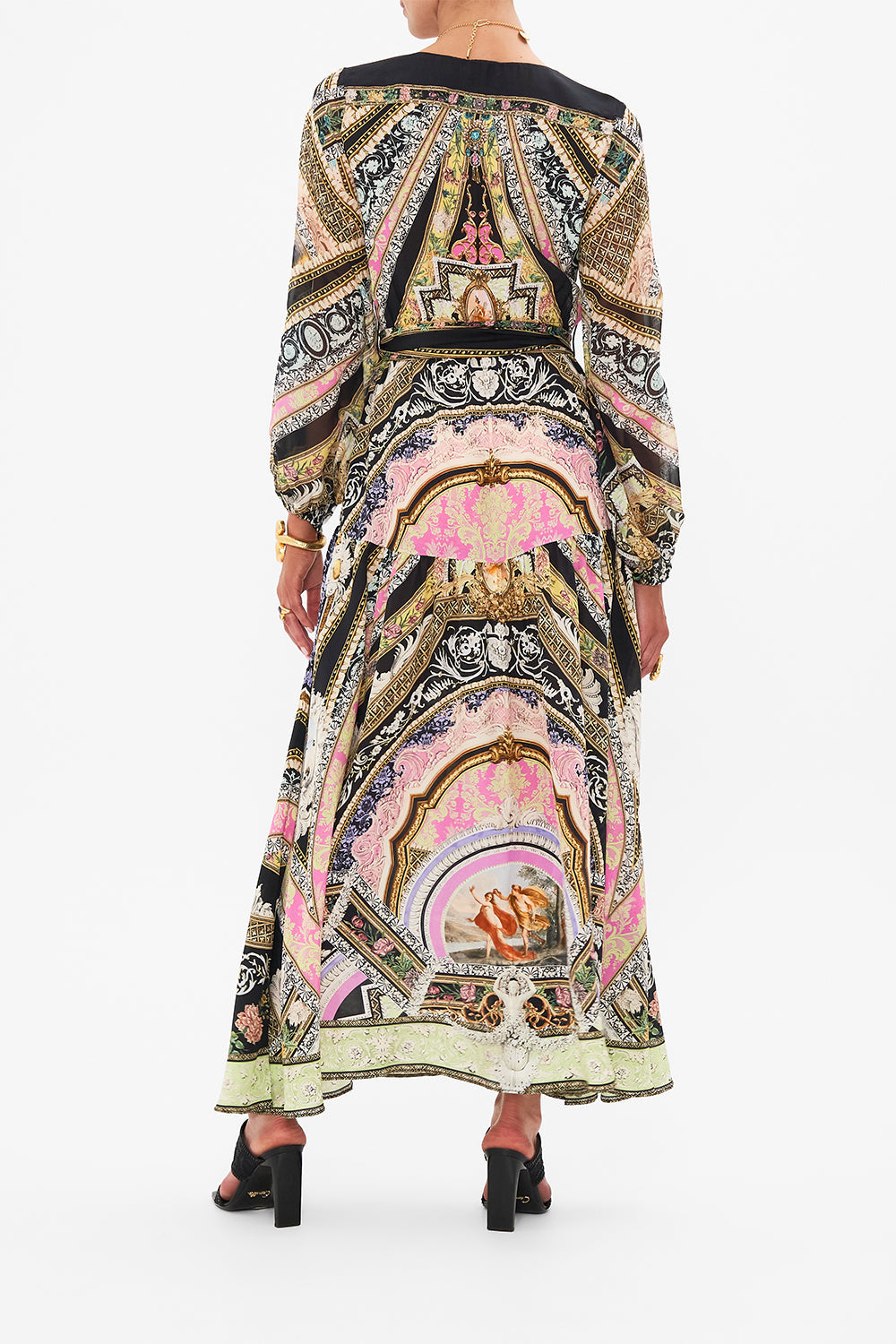 Back view of model wearing CAMILLA silk maxi dress in Florence Field Day print