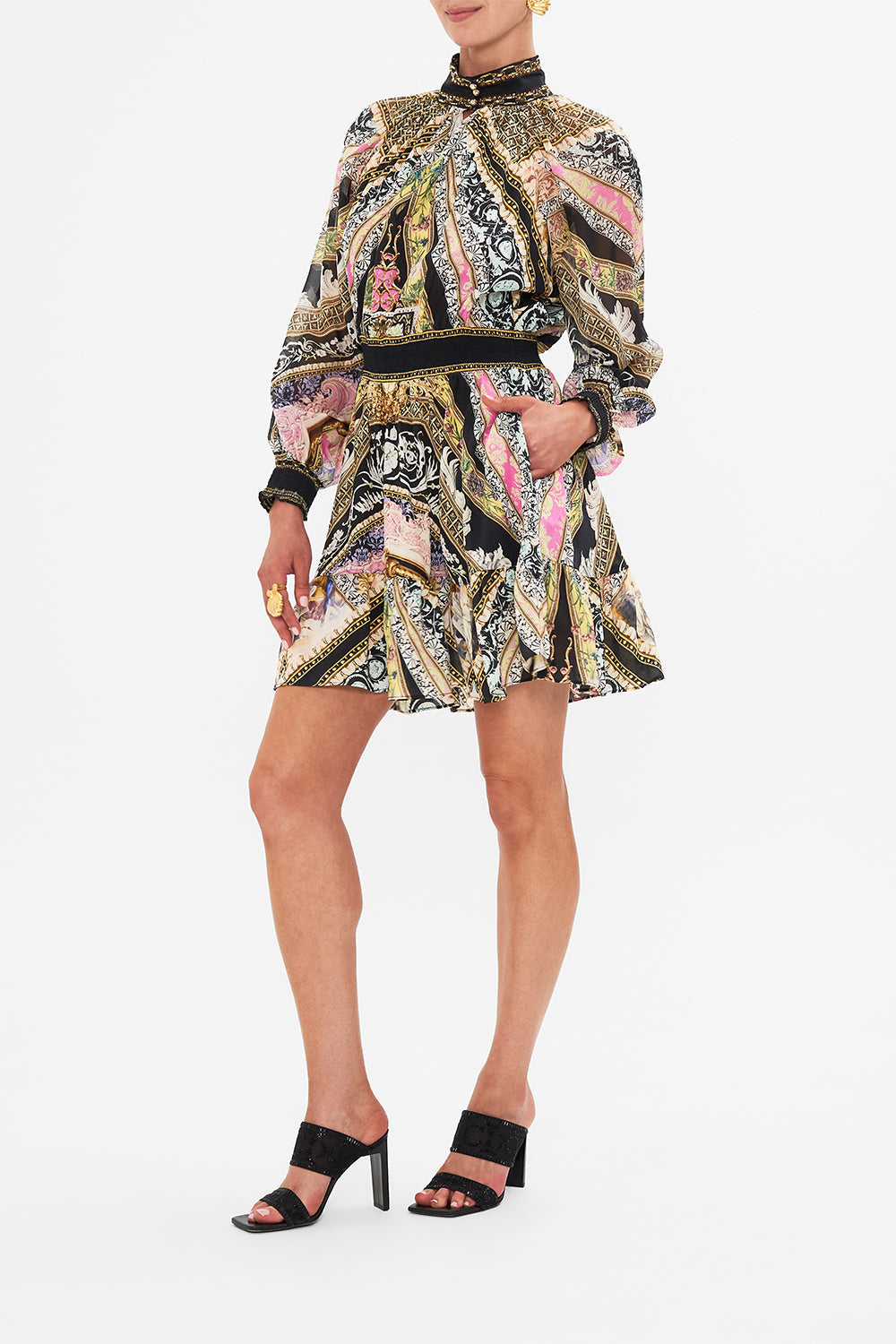 Side view of model wearing CAMILLA high neck mini dress in Florence Field Day print