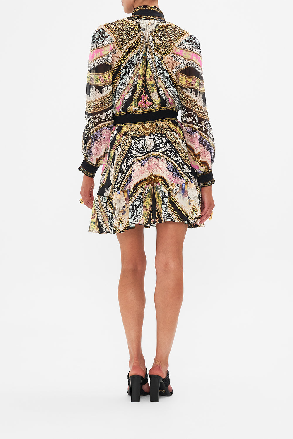 Back view of model wearing CAMILLA high neck mini dress in Florence Field Day print