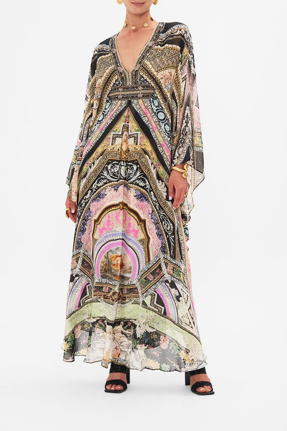 Front view of model wearing CAMILLA silk kaftan in Florence Field Day print