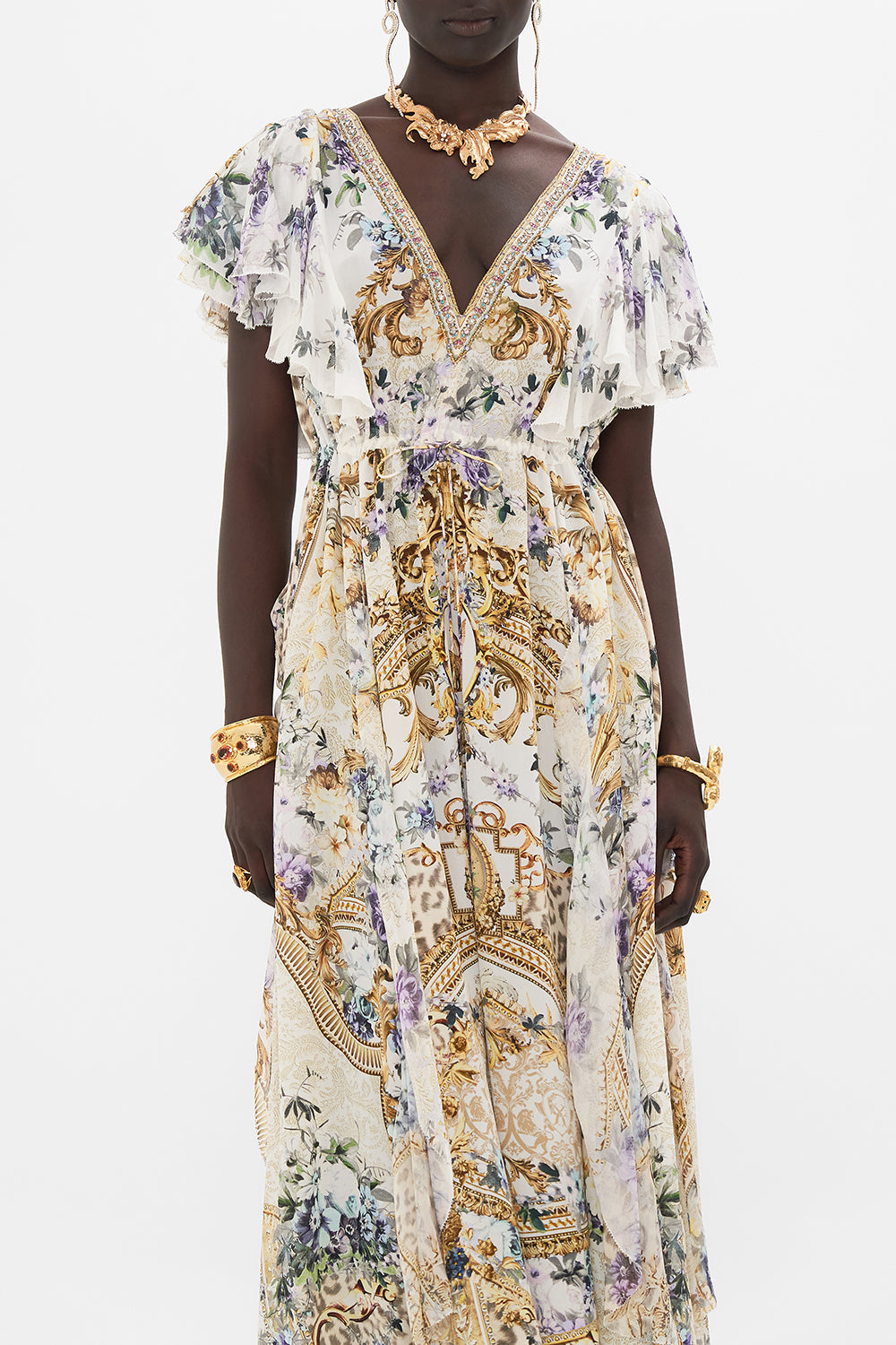 Crop view of model wearing CAMILLA silk ruffle dress in Palazzo Play Date print