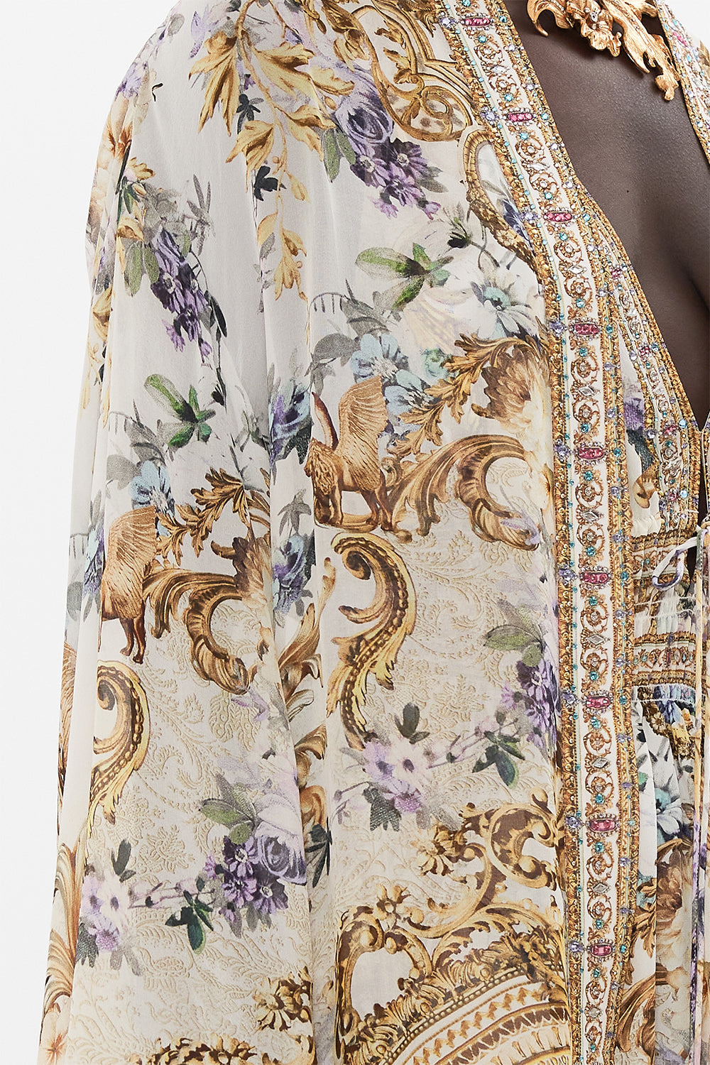 Detail view of model wearing CAMILLA silk robe in Palazzo Playdate print