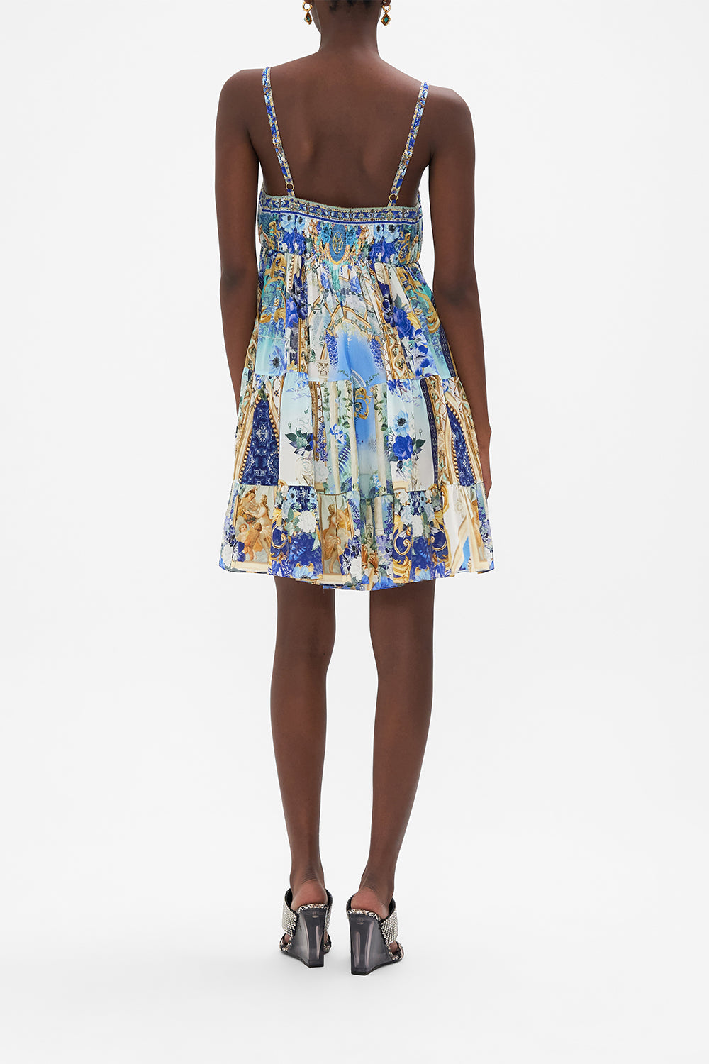 Back view of model wearing CAMILLA designer mini dress in Views Of Vesuvius Print