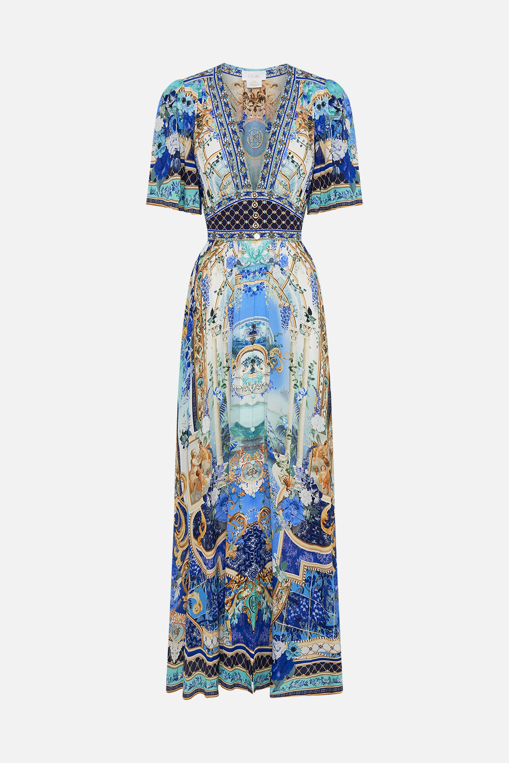 Product view of CAMILLA silk dress with flutter sleeves in Views Of Vesuvius print