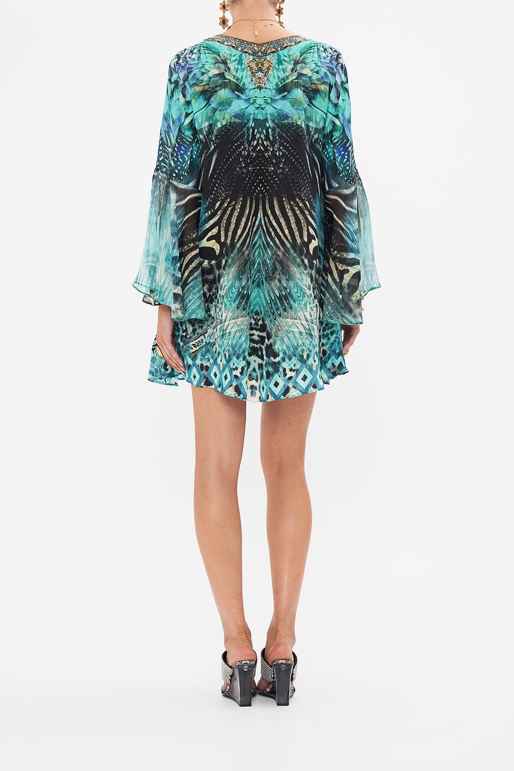 Back view of model wearing CAMILLA silk mini dress in Azure Allure print