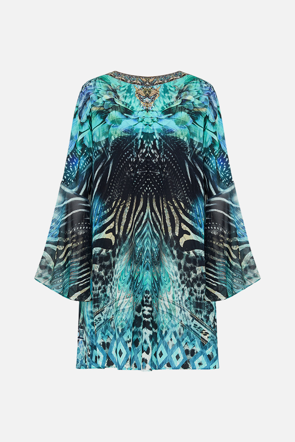 Back product view of CAMILLA silk mini dress in Azure Allure print