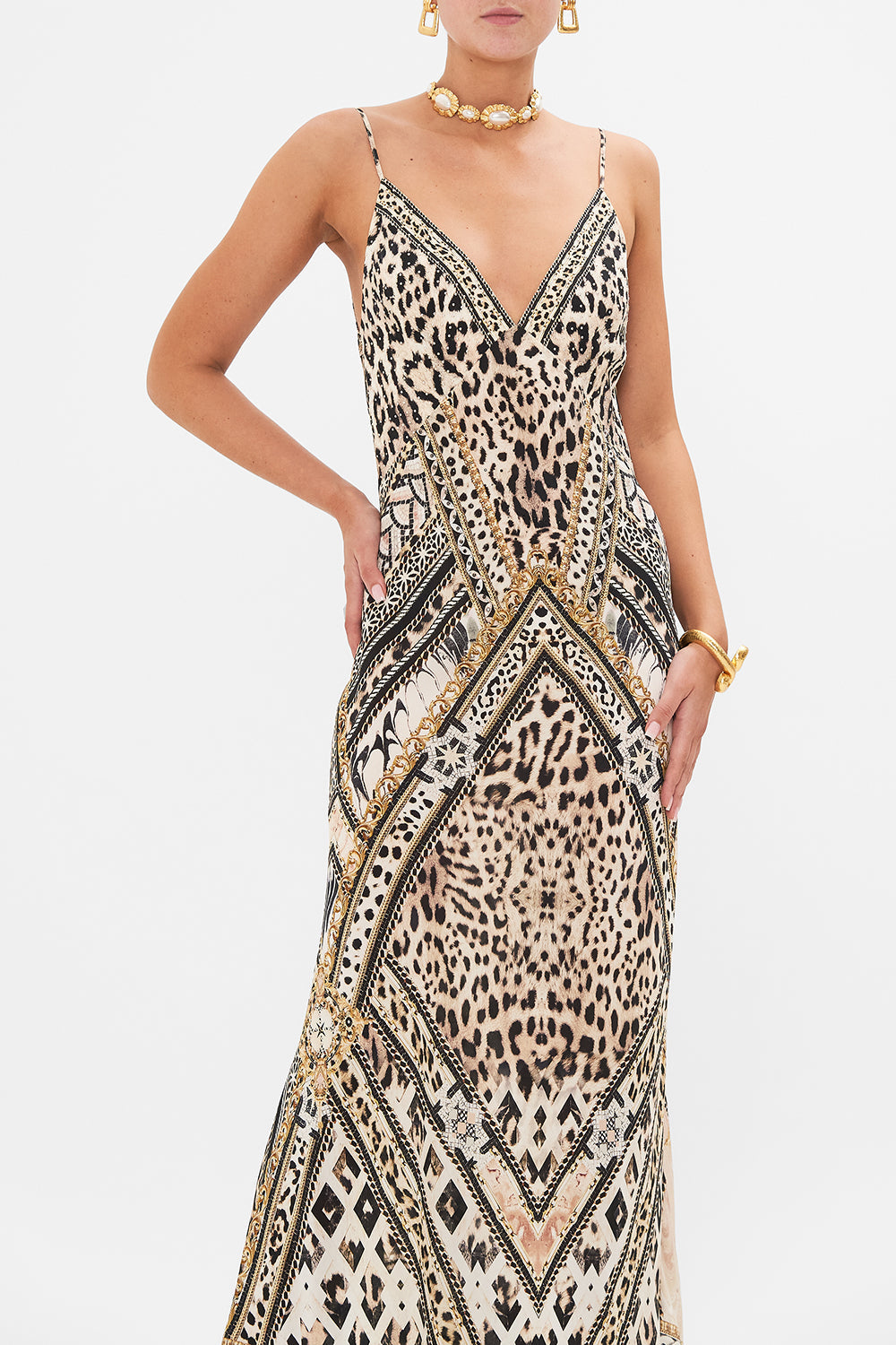 Crop view of model wearing CAMILLA silk bias slip dress in Mosaic Muse print