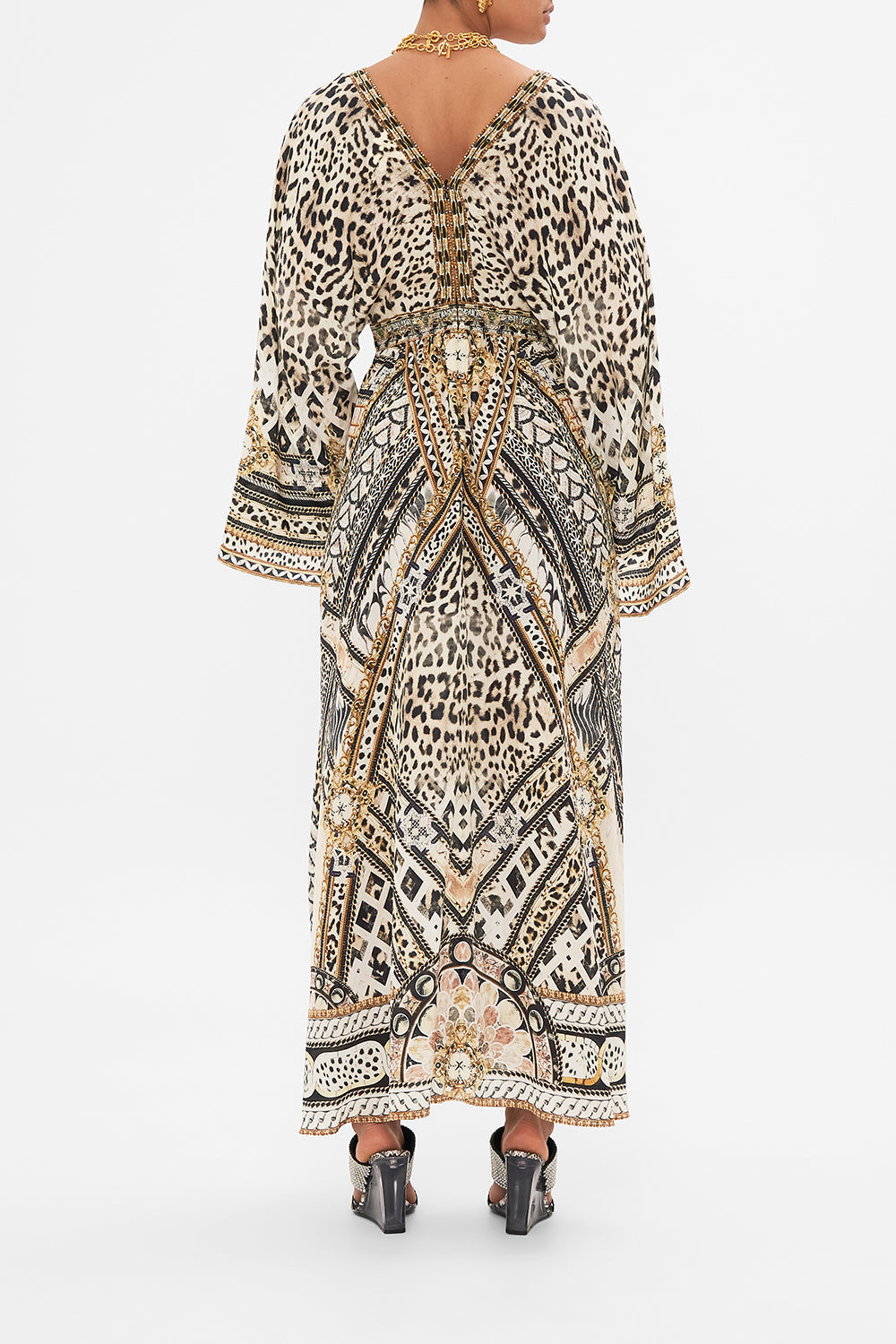 Back view of model wearing CAMILLA silk kimono dress in Mosiac Muse print