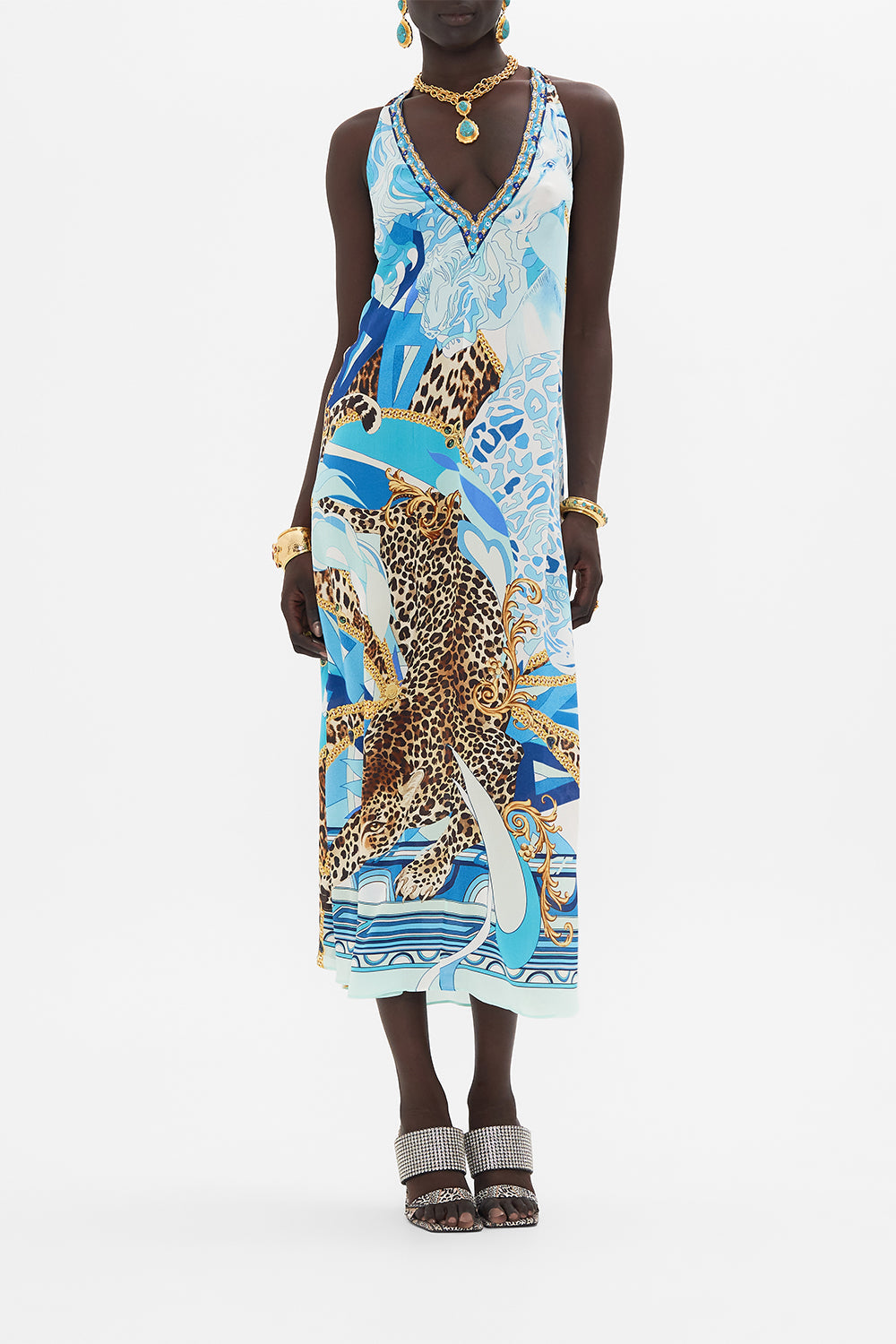 Front view of model wearing CAMILLA silk dress in Sky Cheetah print
