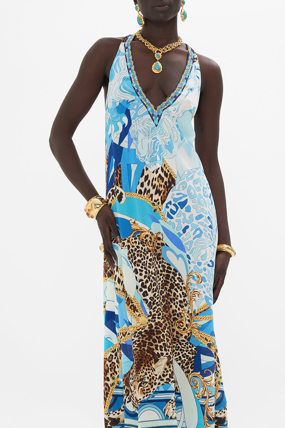 Crop view of model wearing CAMILLA silk dress in Sky Cheetah print