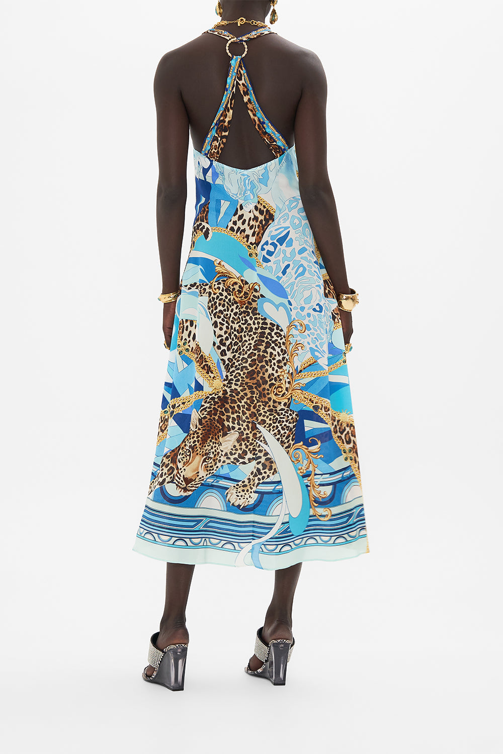 Back view of model wearing CAMILLA silk dress in Sky Cheetah print