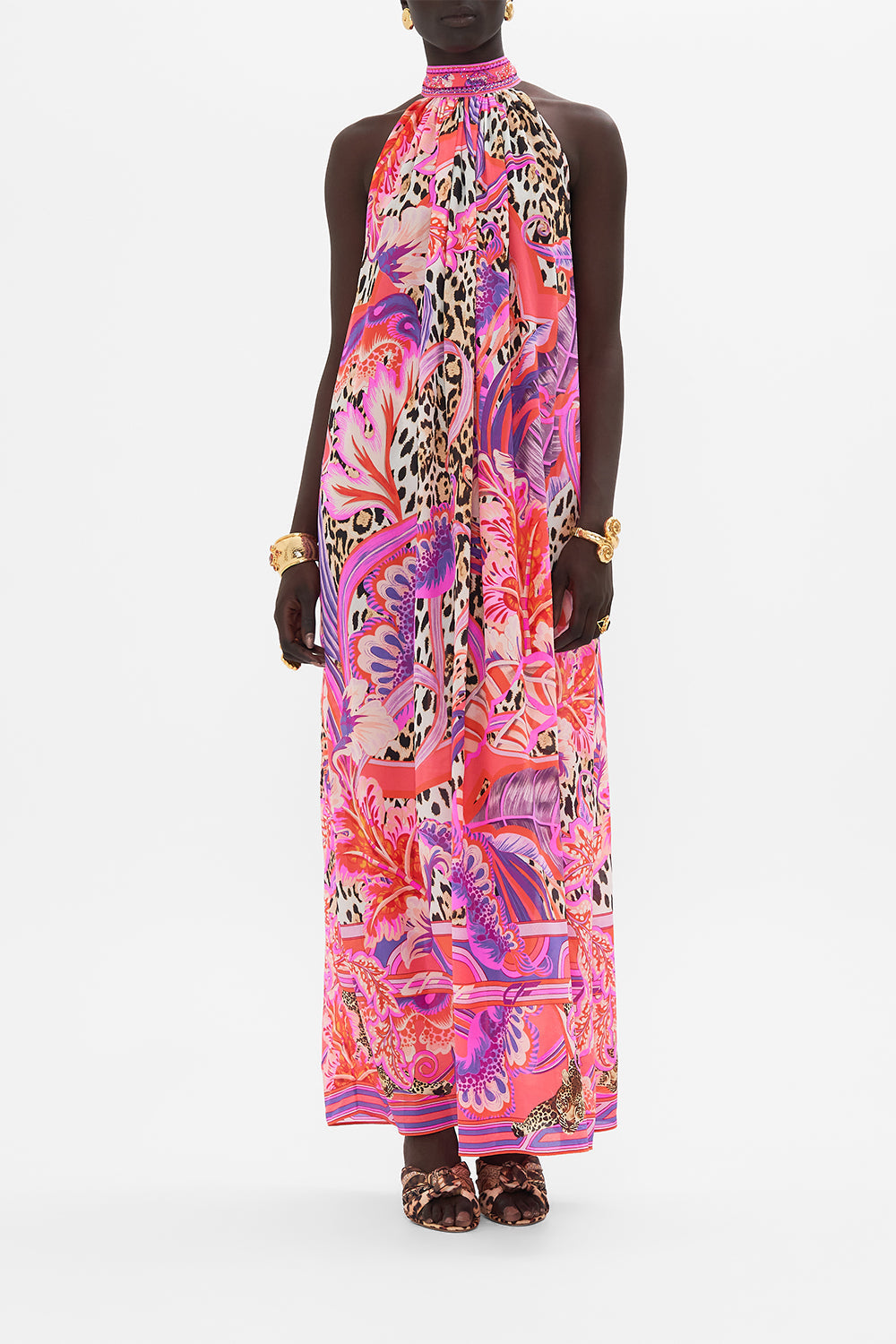 Front view of model wearing CAMILLA silk maxi dress in Viola Vintage print
