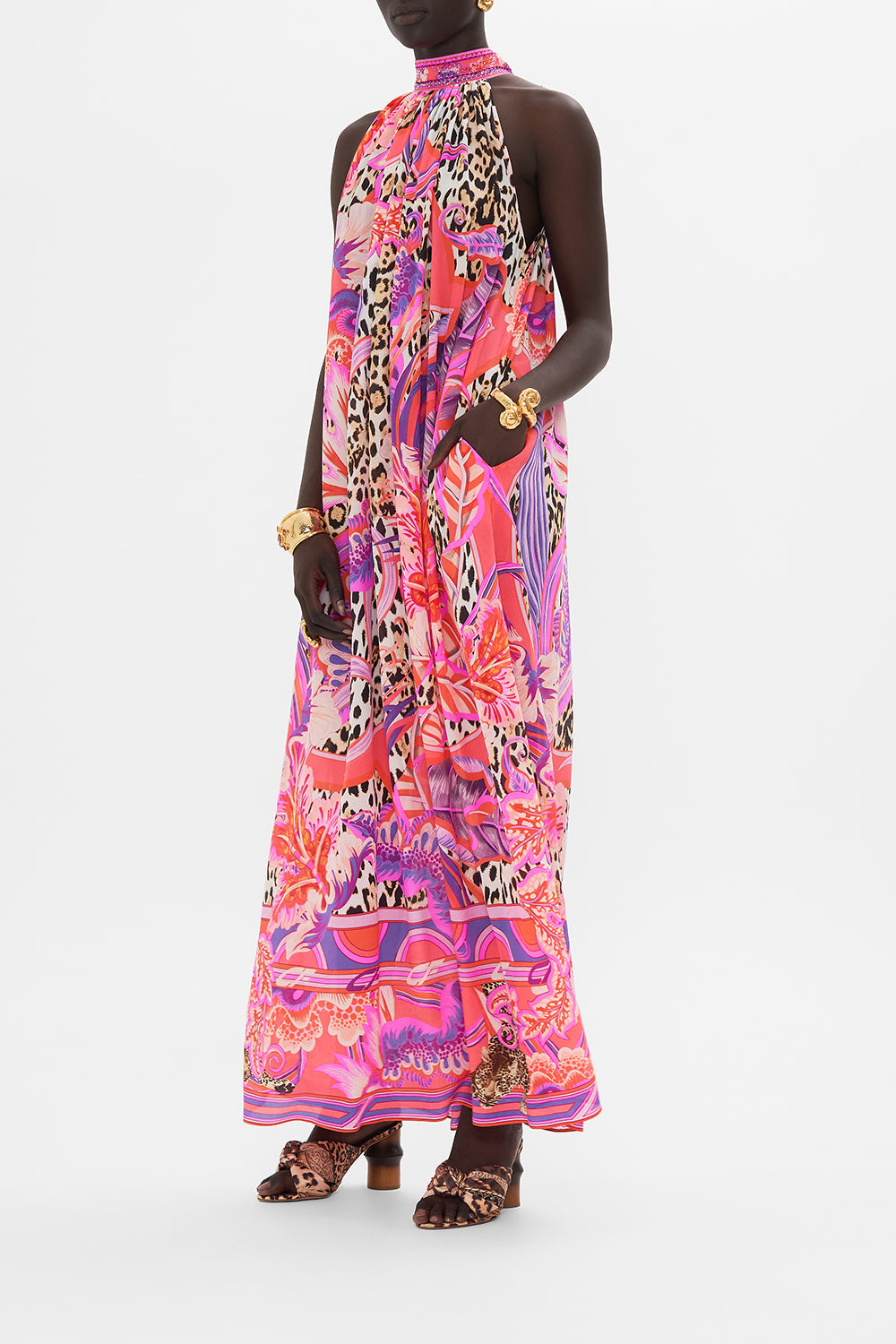 Side view of model wearing CAMILLA silk maxi dress in Viola Vintage print