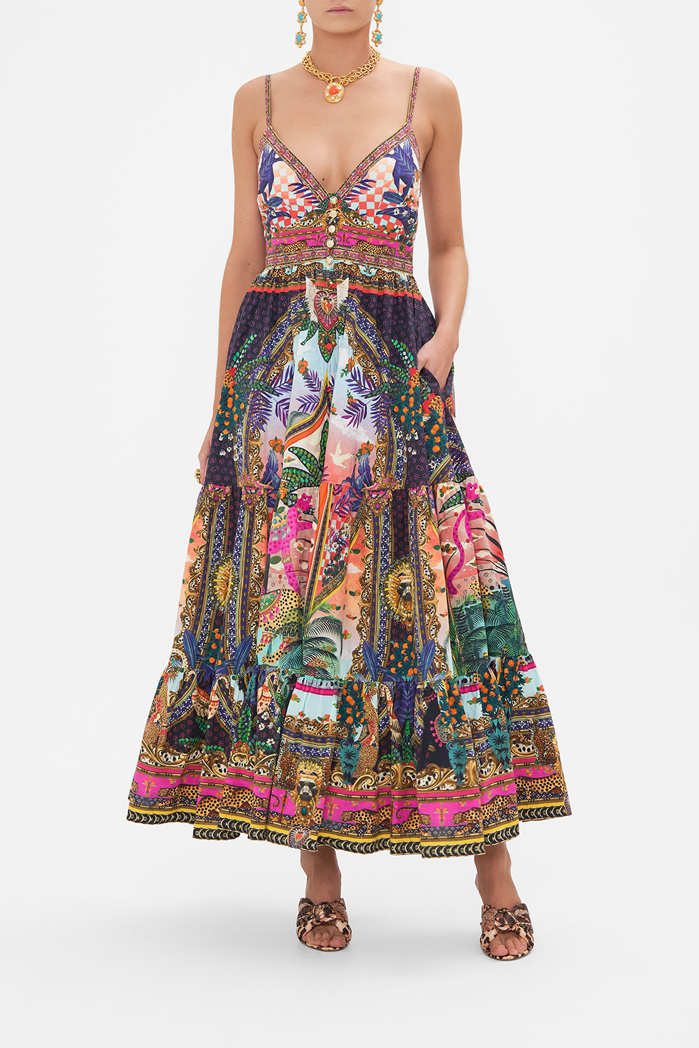 Front view of model wearing CAMILLA printed cotton dress in Alessandro's Atlantis print