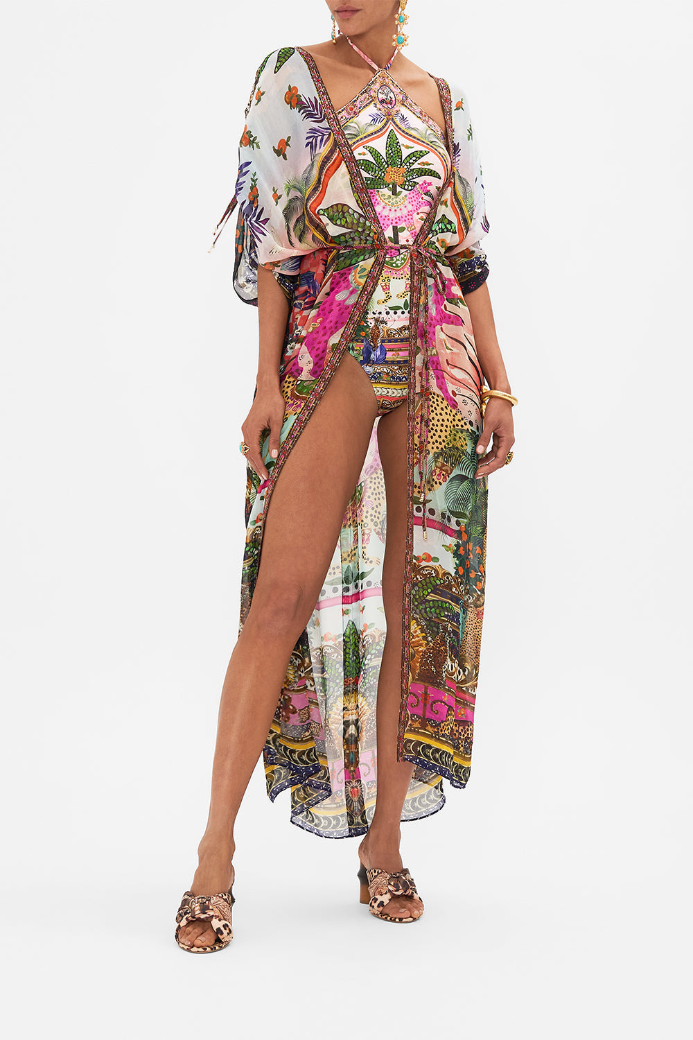 Front view of model wearing CAMILLA silk kimono layer in Alessandro's Atlantis print