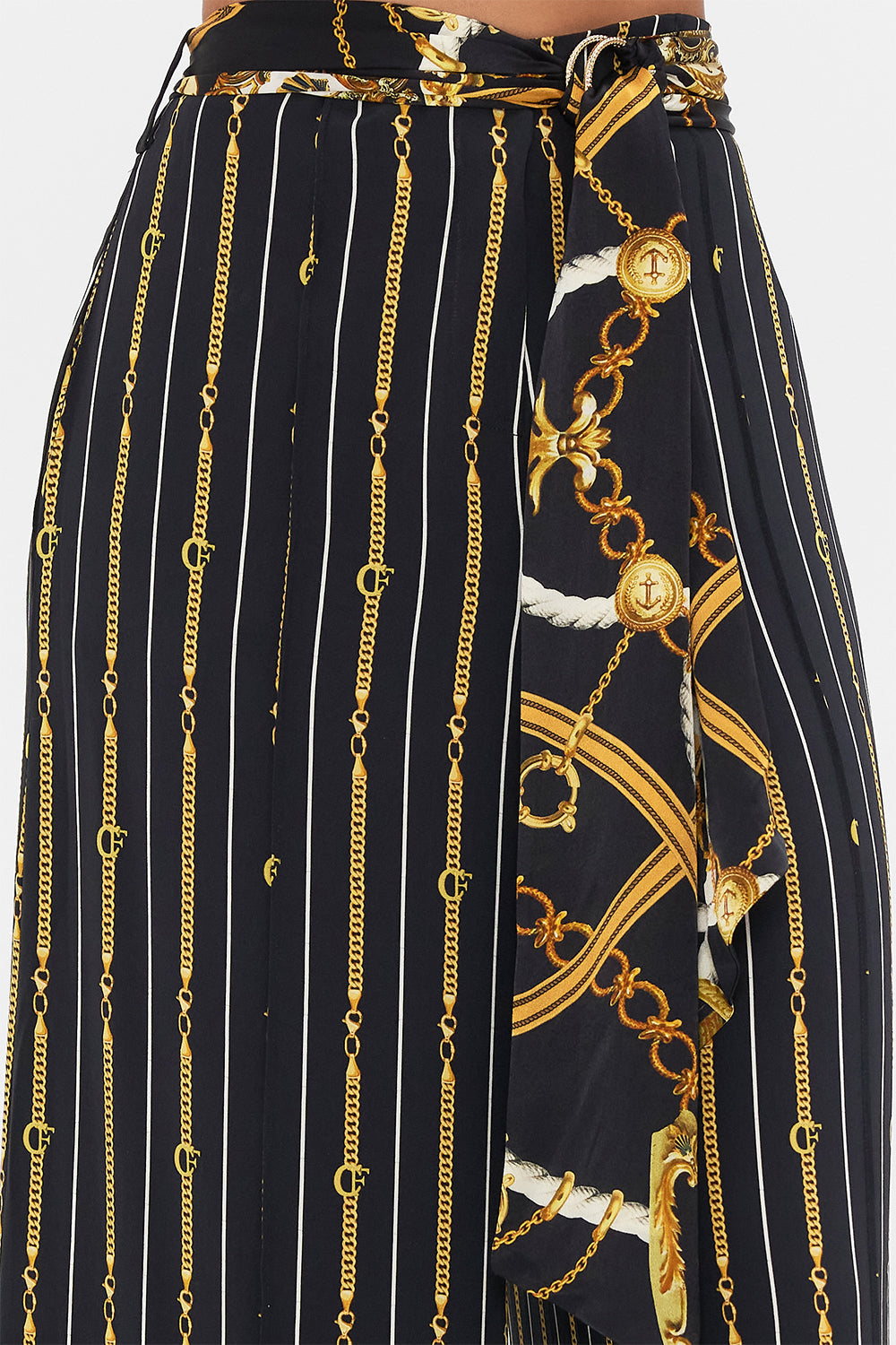 Detail view of model wearing CAMILLA silk wide leg pant in Coast to Coast print