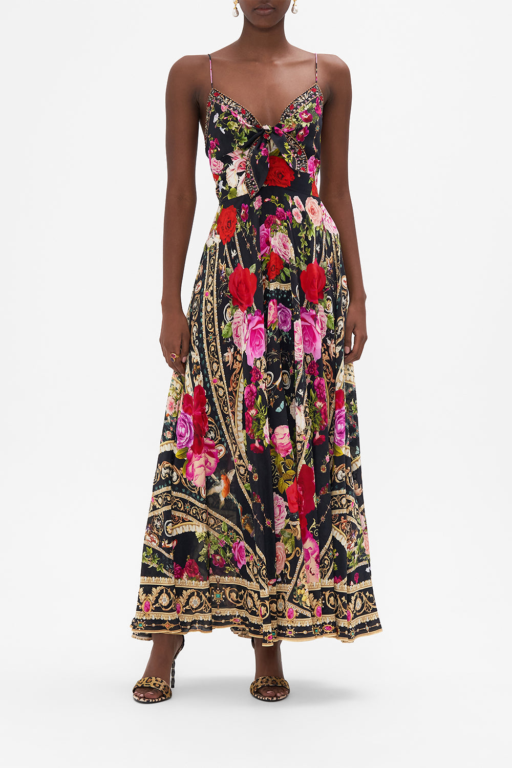 Front view of model wearing CAMILLA floral silk maxi dress in Reservation For Love print