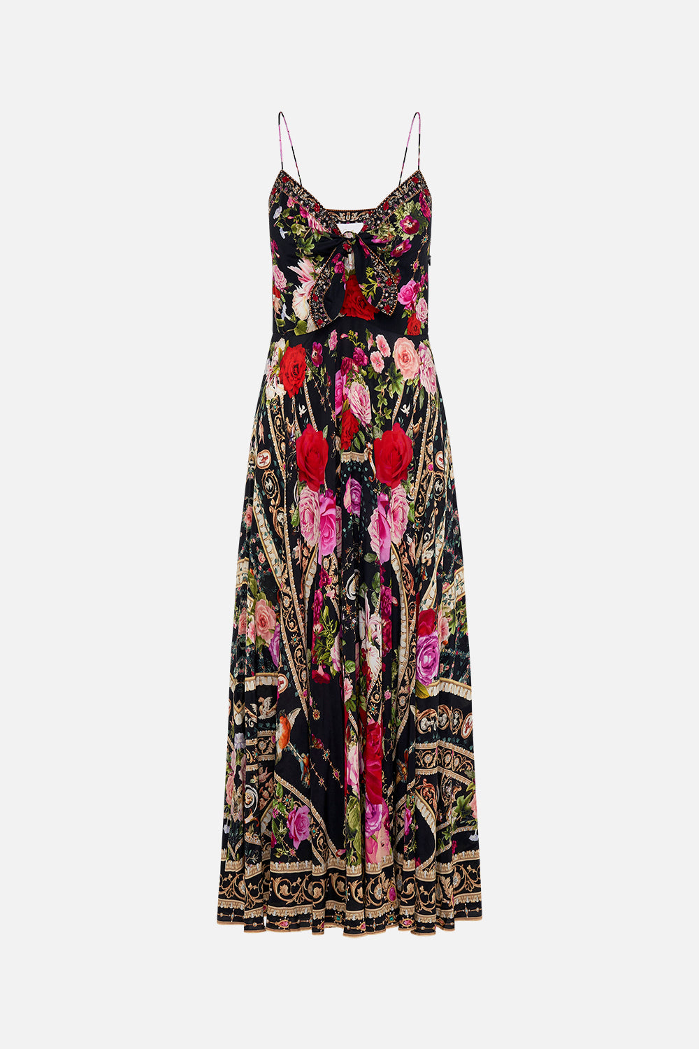 Product view of CAMILLA floral silk maxi dress in Reservation For Love print