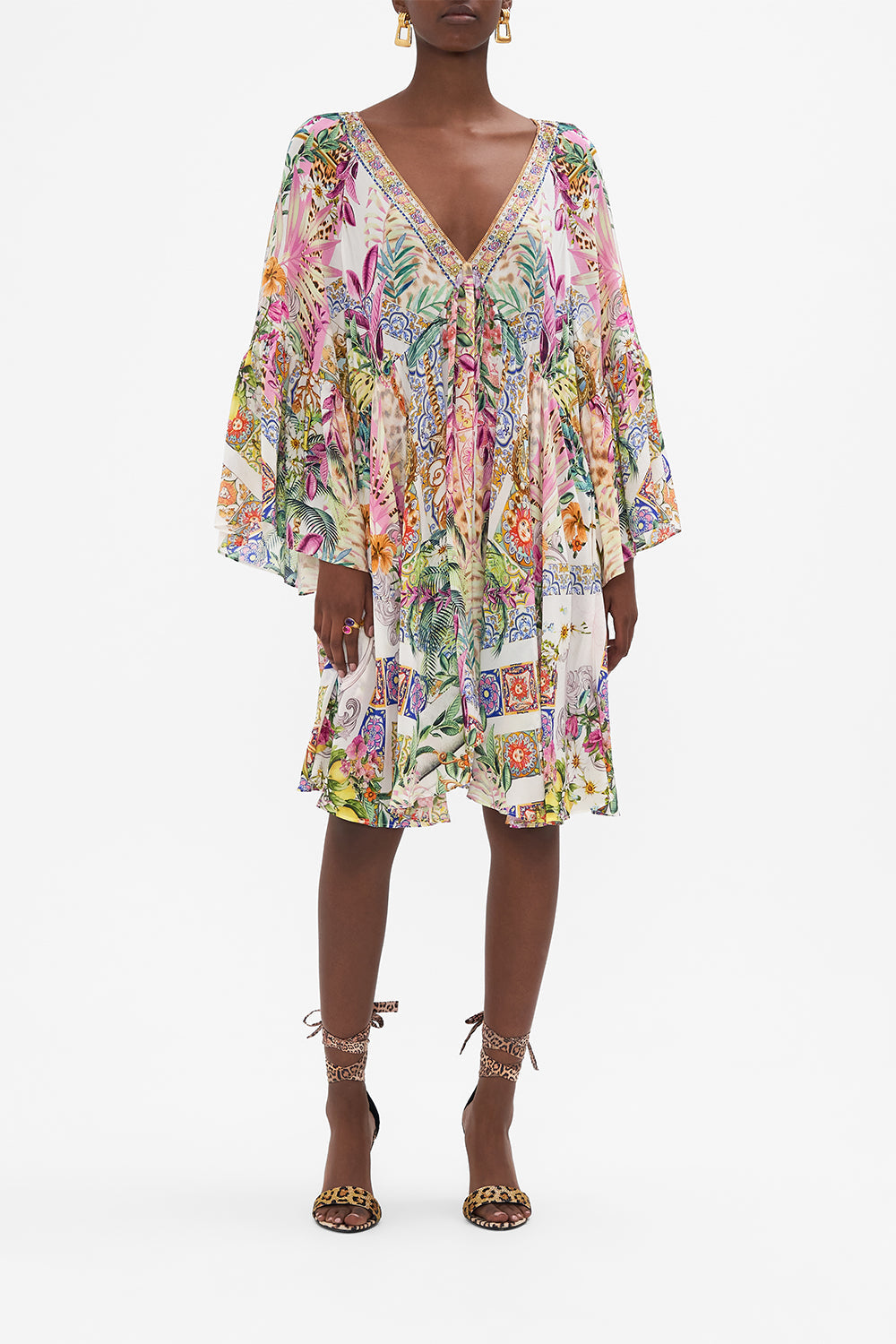 Front view of model wearing CAMILLA a line floral dress in Flowers Of Neptune print