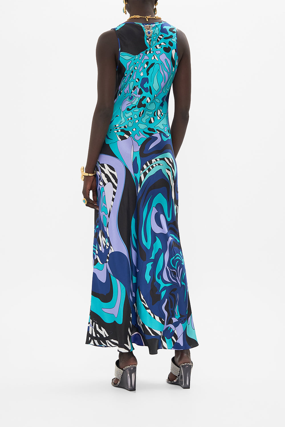Back view of model wearing CAMILLA bias silk dress in Vividley Venice print