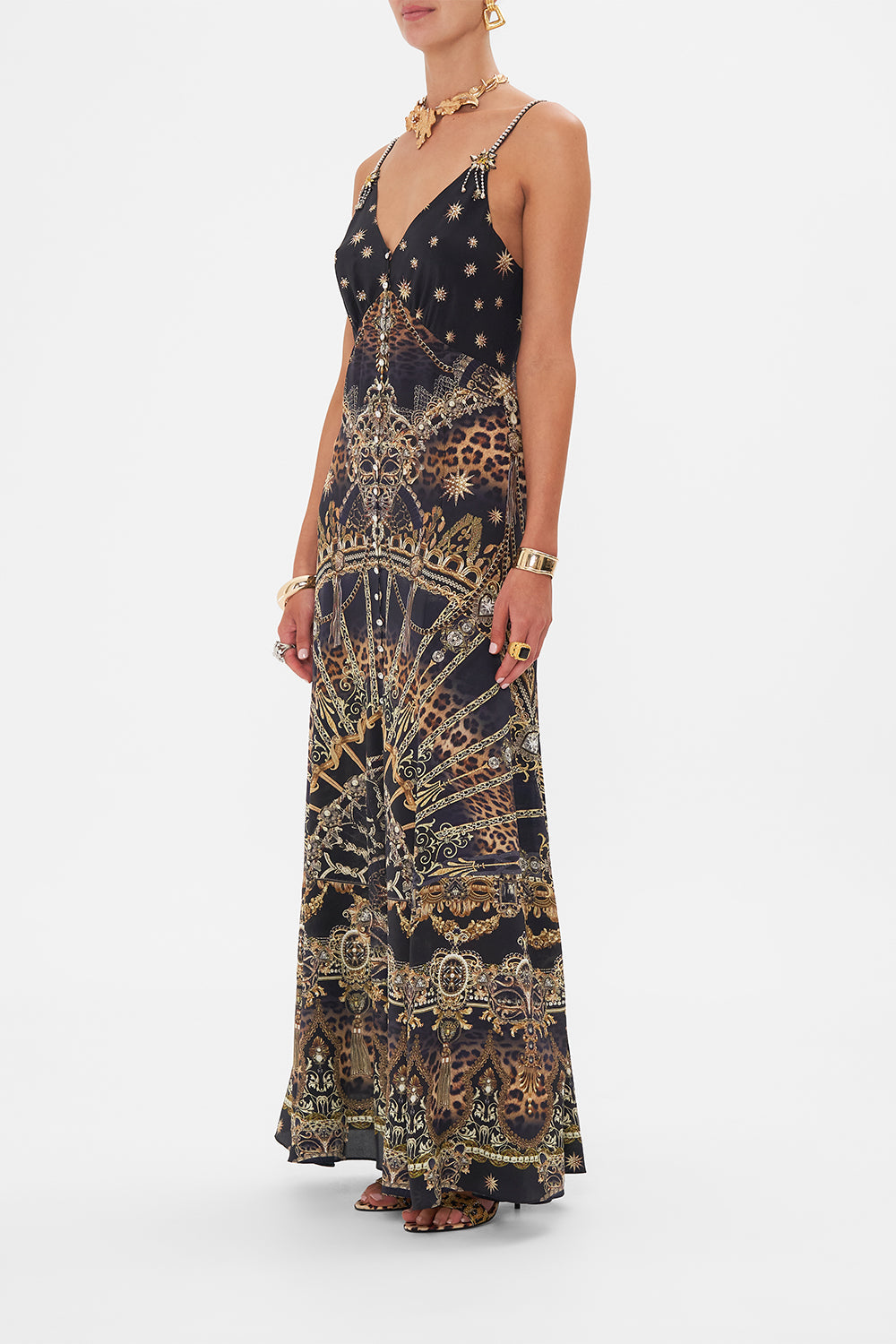 Crop view of model wearing CAMILLA silk strappy dress in Masked At Moonight