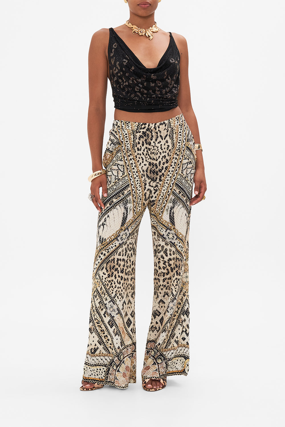Front view of model wearing CAMILLA silk animal print pants in Mosaic Muse