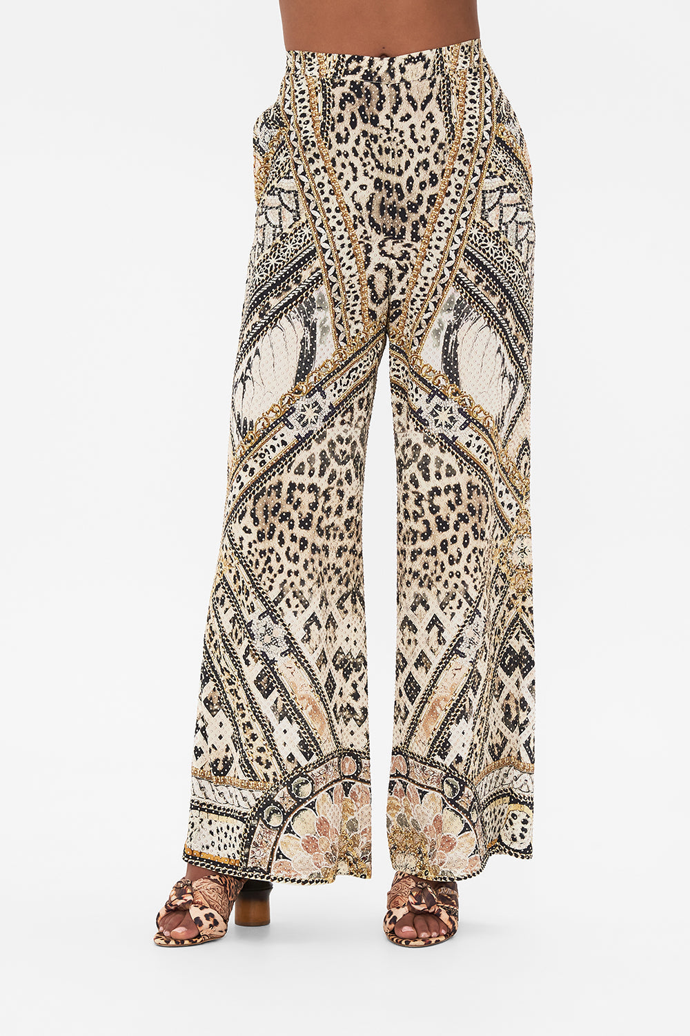 Crop view of model wearing CAMILLA silk animal print pants in Mosaic Muse