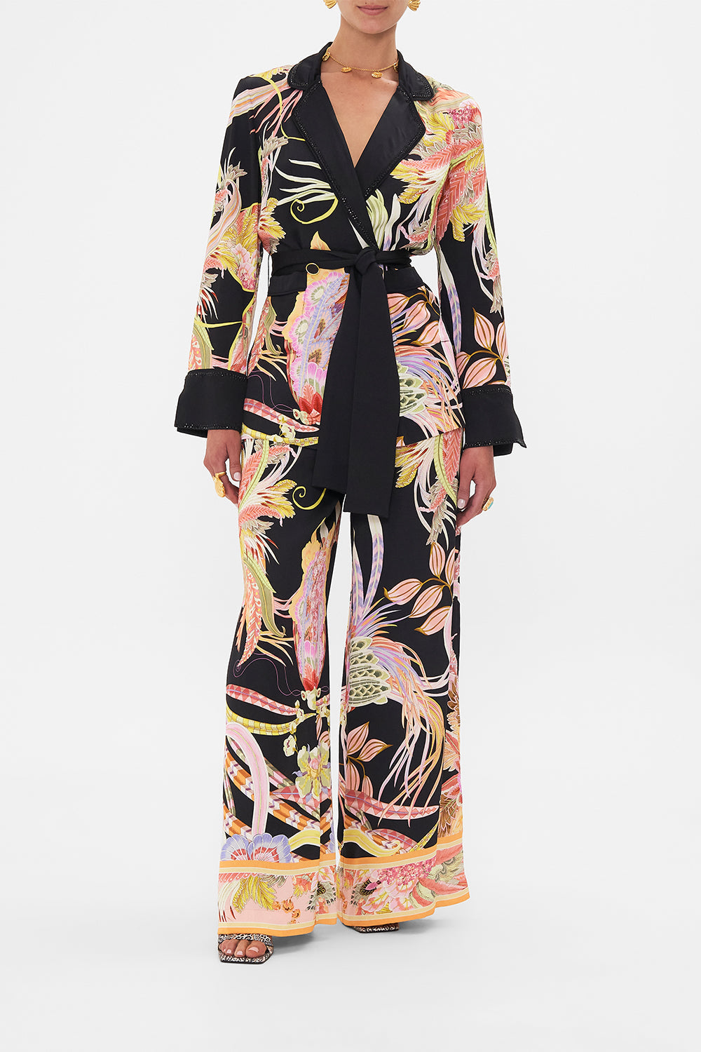 Front view of model wearing CAMILLA deisgner jacket in lady of The Moon Print