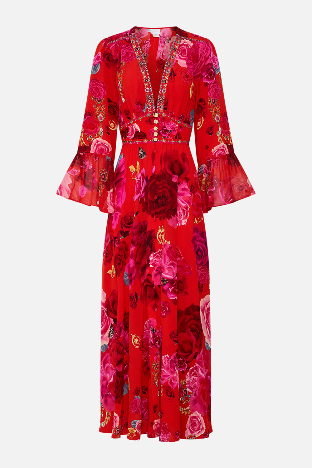 Product view of designer floral ruffle dress in An Italian Rosa print
