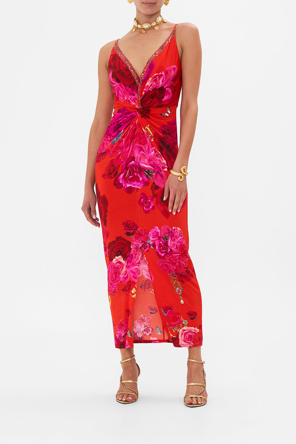 Front view of model wearing CAMILLA floral dress in An Italain Rosa print