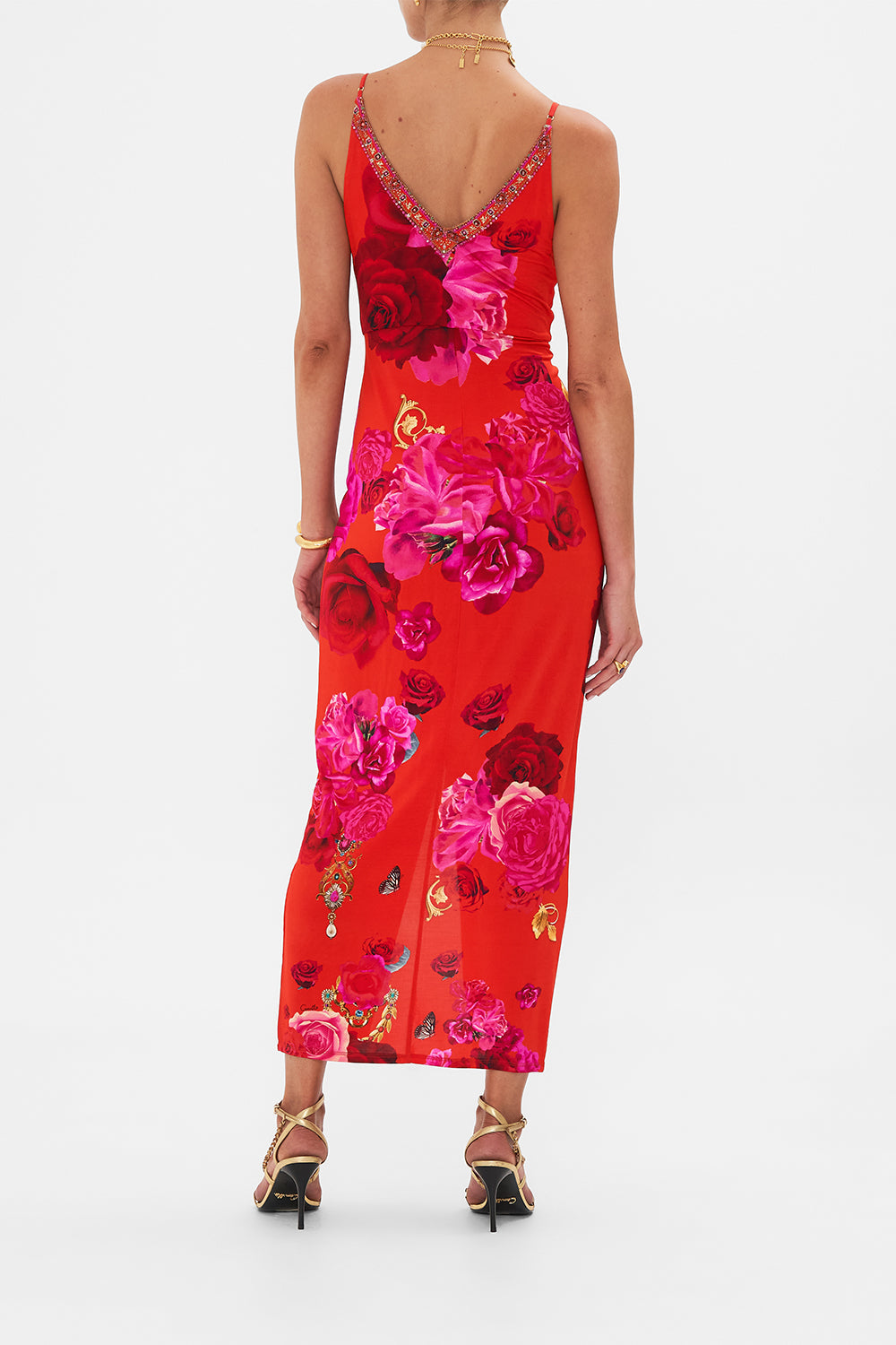 Back view of model wearing CAMILLA floral dress in An Italain Rosa print
