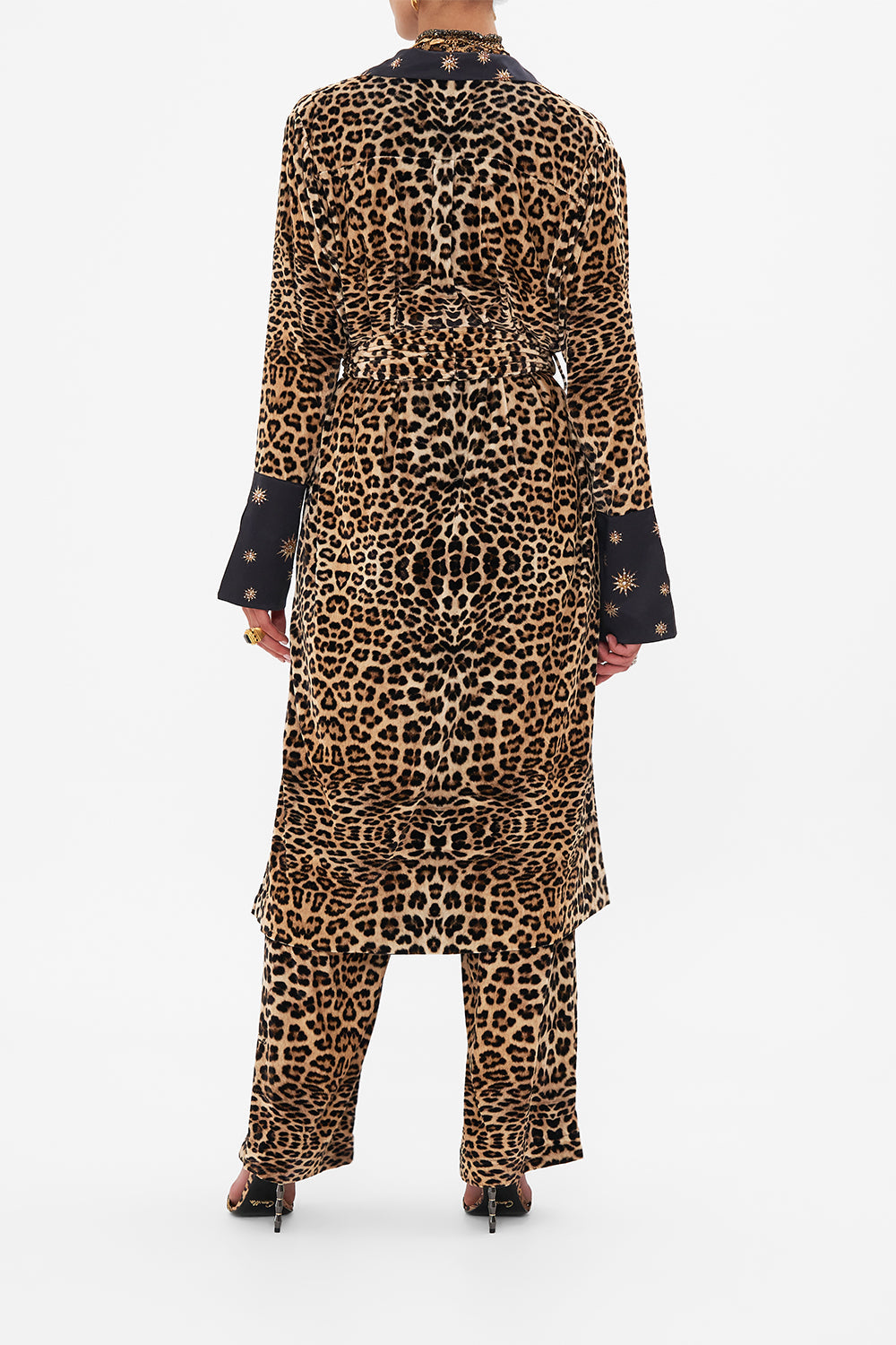 Back view of model wearing CAMILLA silk jacket in Soul of A Star Gazer print