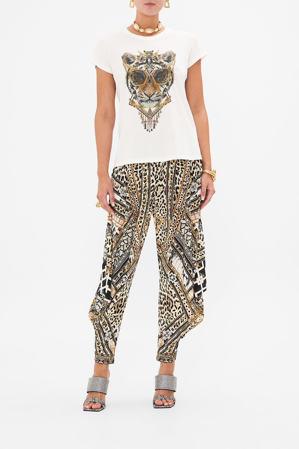 Front view of model wearing CAMILLA animal print t shirt in Mosaic Muse