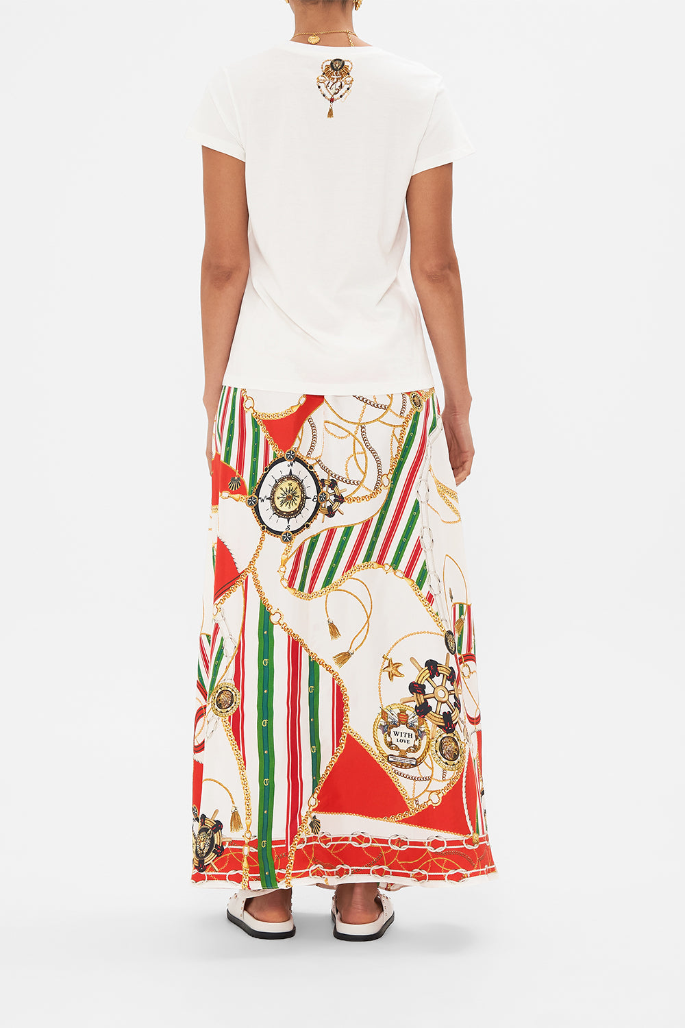 Back view of model wearing CAMILLA womenswhite t shirt in Saluti Summertime print