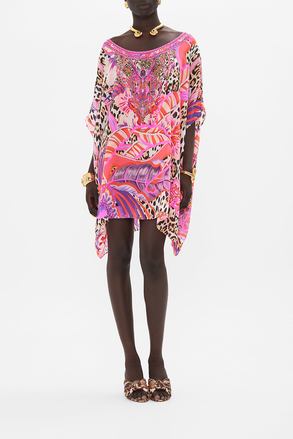 Front view of model wearing CAMILLA purple silk kaftan in Viola Vintage print