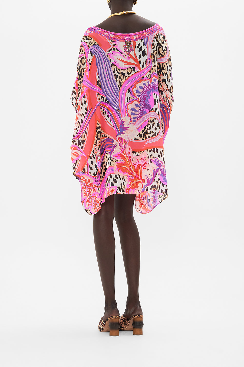 Back view of model wearing CAMILLA purple silk kaftan in Viola Vintage print