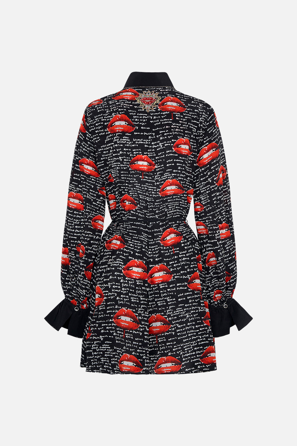 Back product view of CAMILLA black silk shirt dress in Chaos Magic print