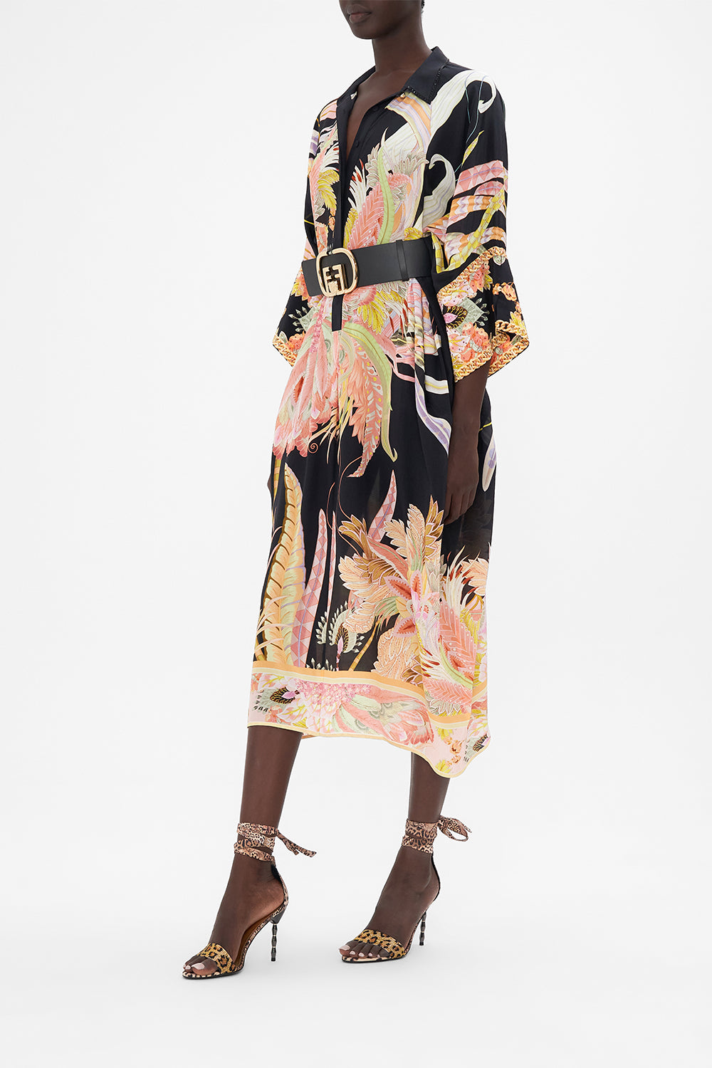 Side view of model wearing CAMILLA silk kaftan in Lady Of The Moon print