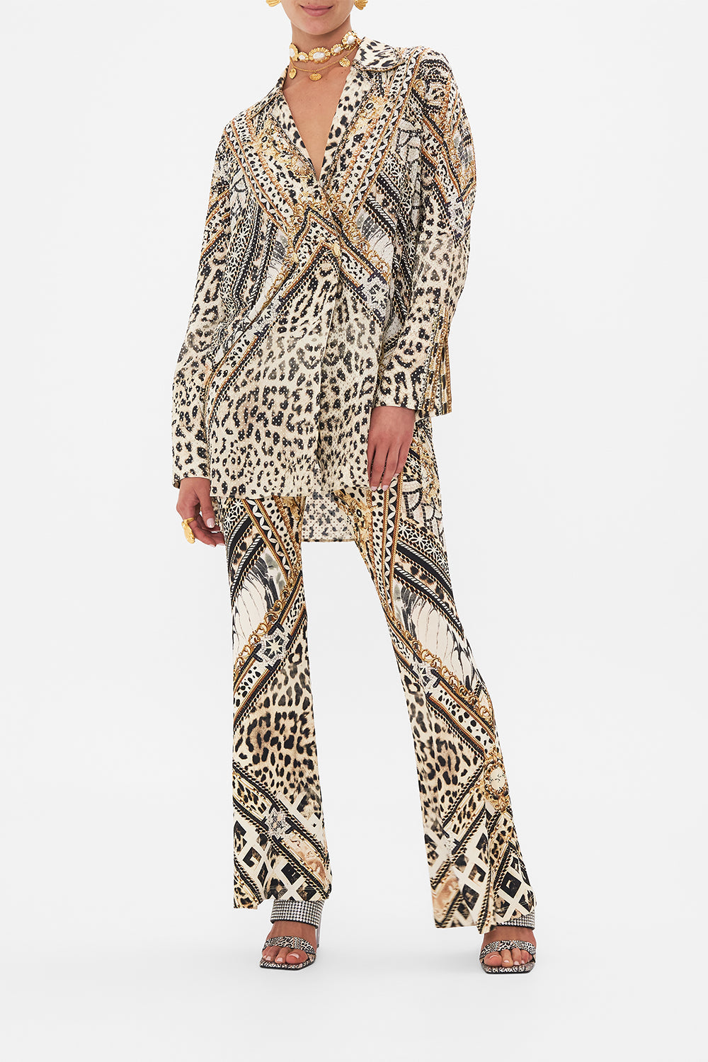 Front view of model wearing CAMILLA silk coat in Mosaic Muse print