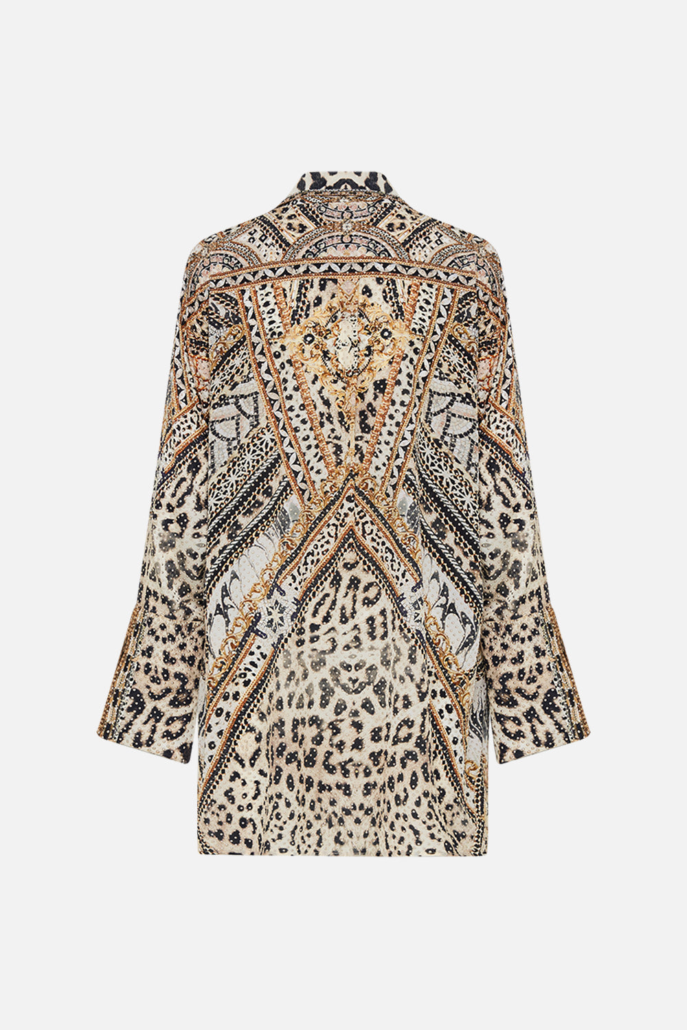 Back product view of CAMILLA silk coat in Mosaic Muse print