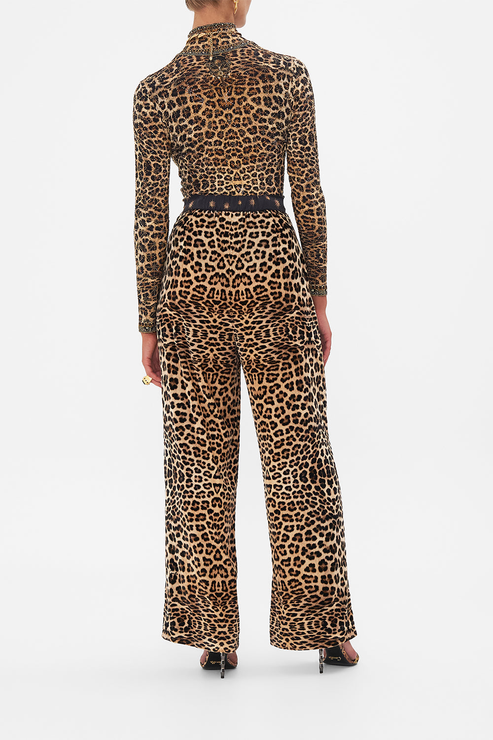 Back view of model wearing CAMILLA jersey turtleneck print in Soul Of A Star Gazer print