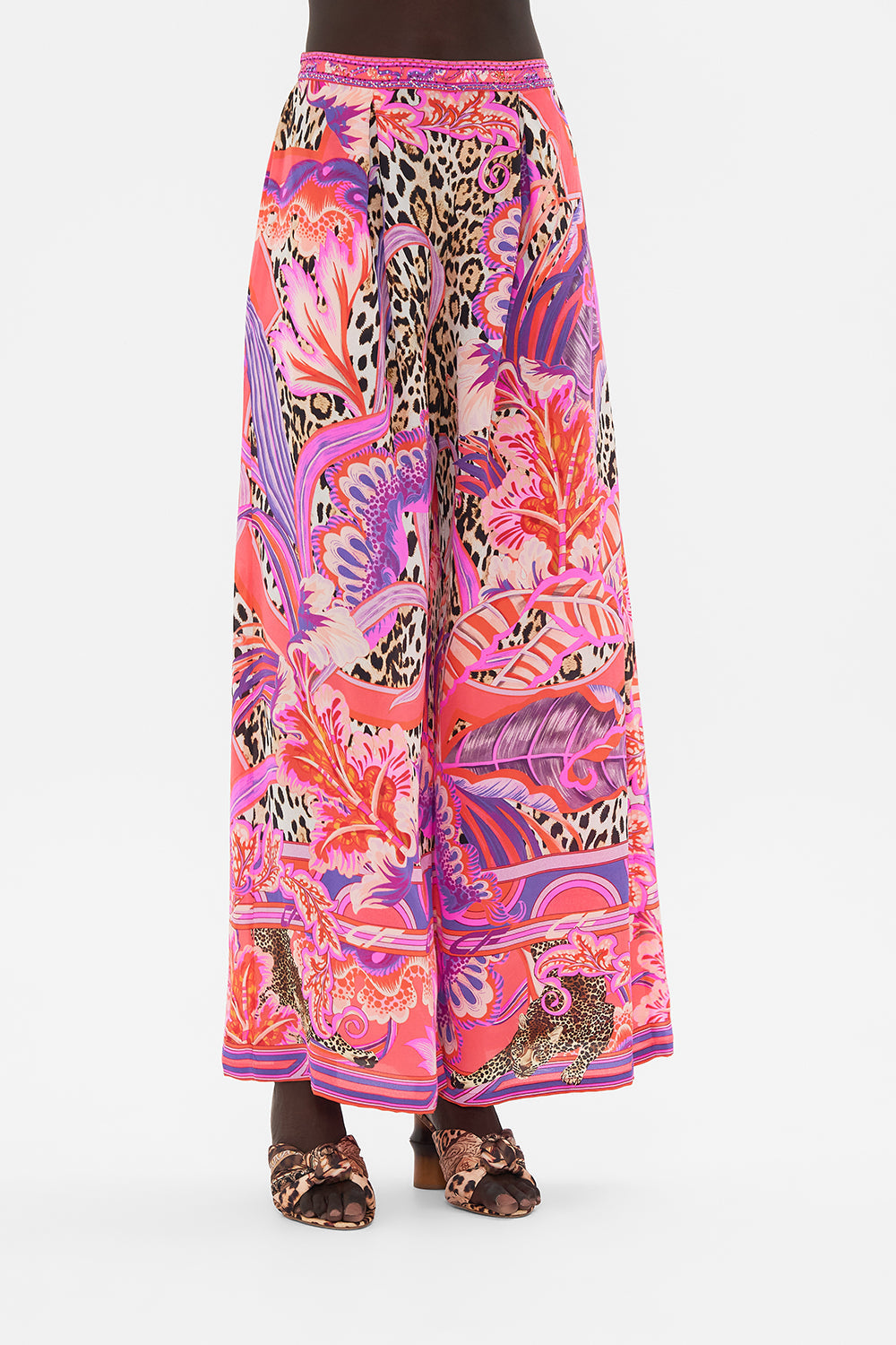 Crop view of model wwearing CAMILLA silk pants in Viola Vintage print