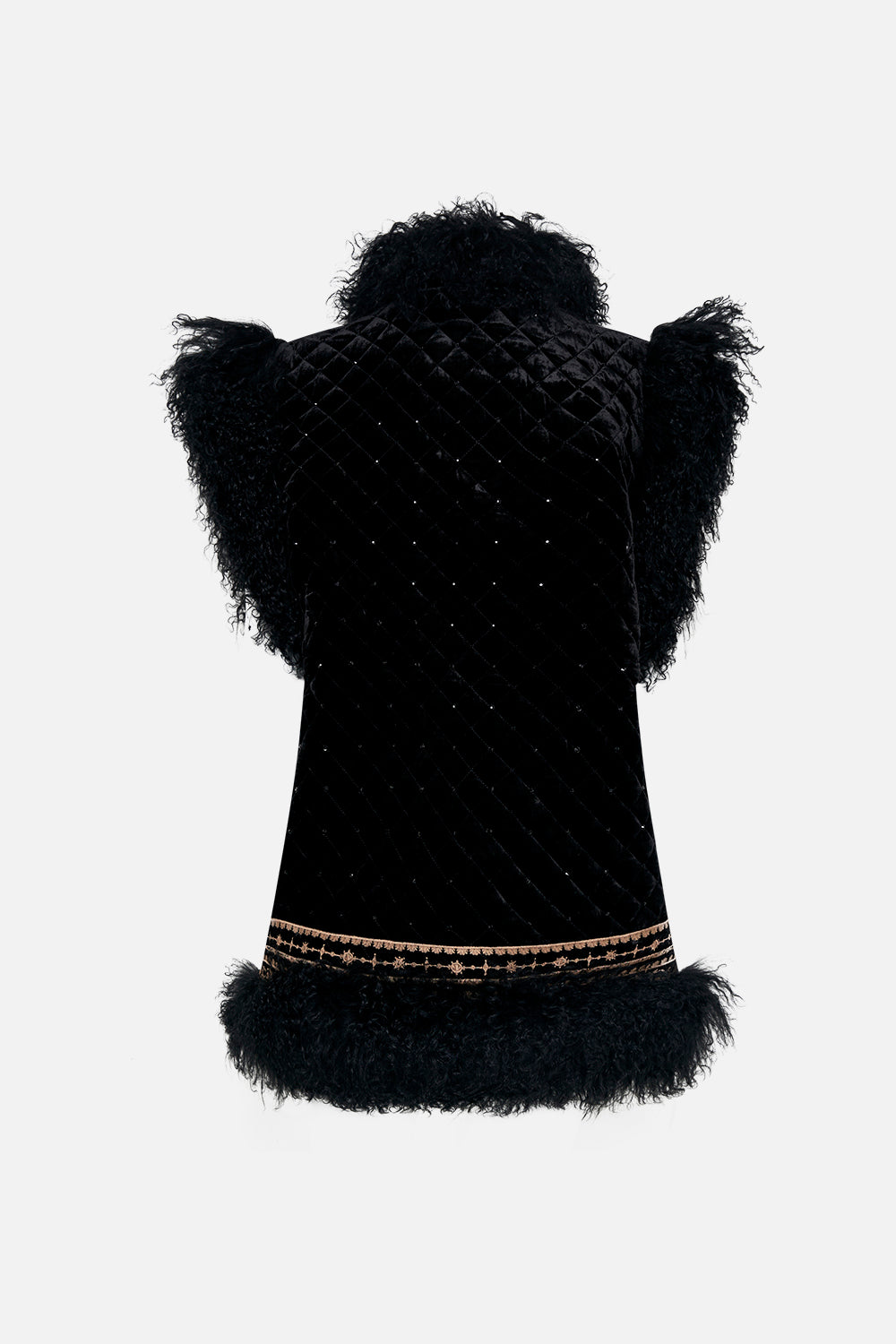 Back product view of CAMILLA black fur vest in Untamed Royalty print