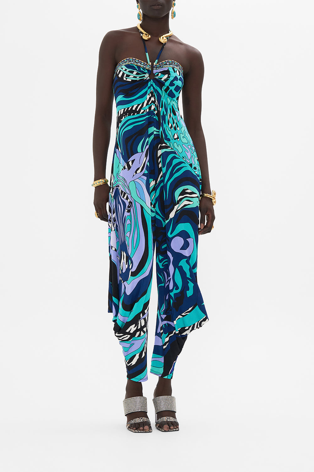 Front view of model wearing CAMILLA silk jumpsuit in Vividly Venice print