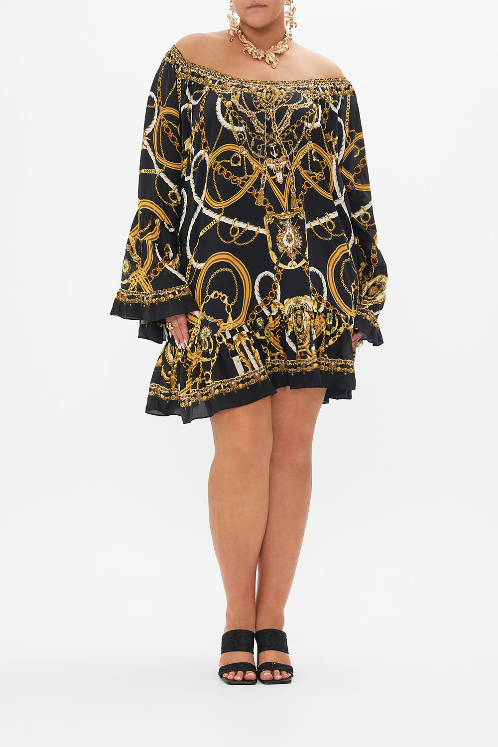 Front view of curvy model wearing CAMILLA plus size black silk dress in Coast to Coast print